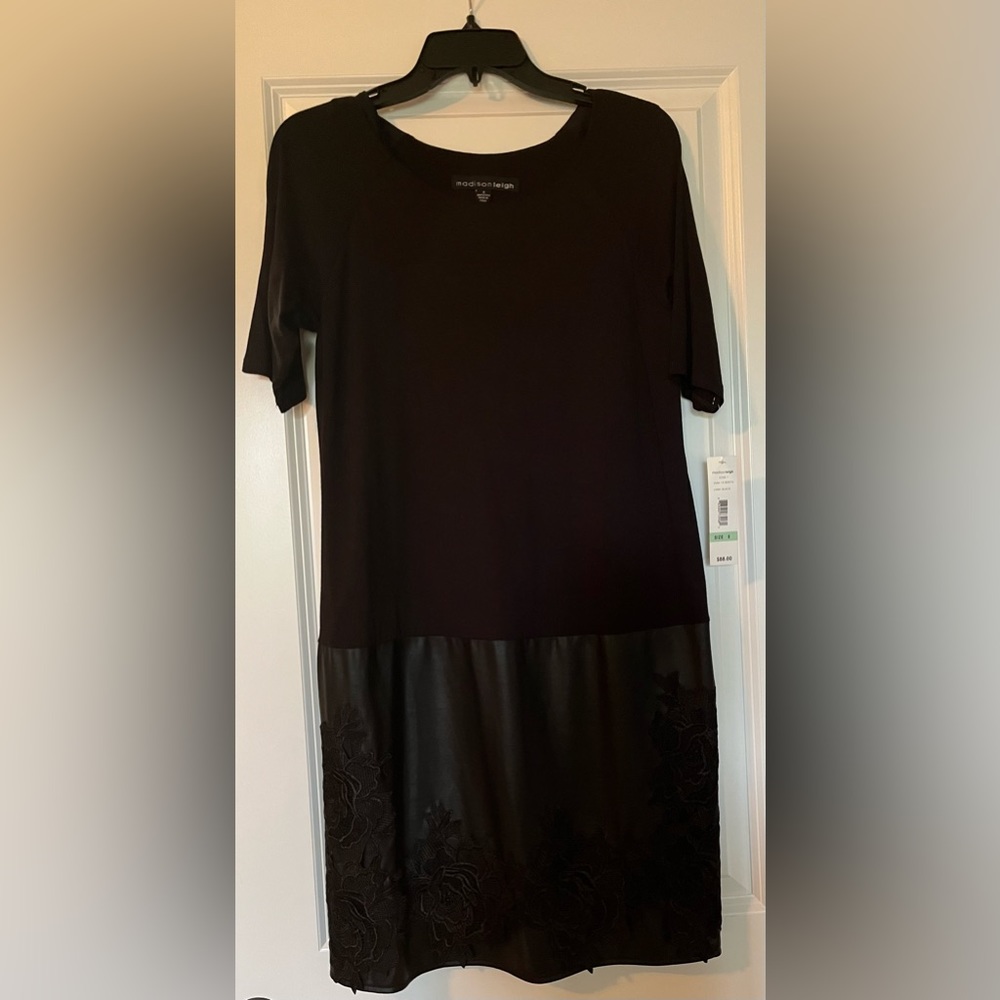 NWT Black dress with faux leather skirt with lace overlay. Size 8